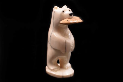 STANDING BEAR WITH FISH IVORY CARVING